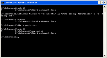 Prikaz archive atributa datoteke pomoću naredbe attrib prije i nakon izrade sigurnosne kopije