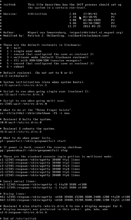 Sadržaj datoteke /etc/inittab na Slackware distribuciji s prikazom zadanog runlevela