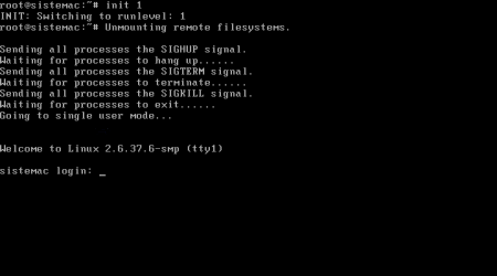 Primjer prebacivanja iz runlevela 3 u runlevel 1 pomoću init naredbe