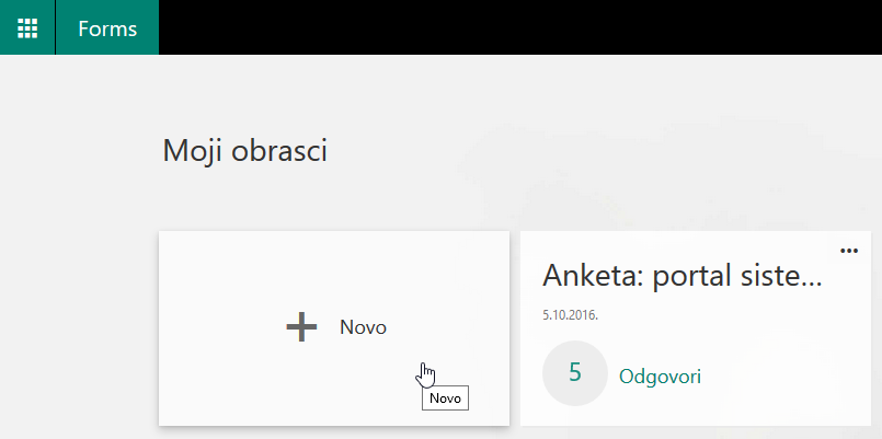 Početni zaslon aplikacije Office 365 Forms s opcijama za izradu novog obrasca