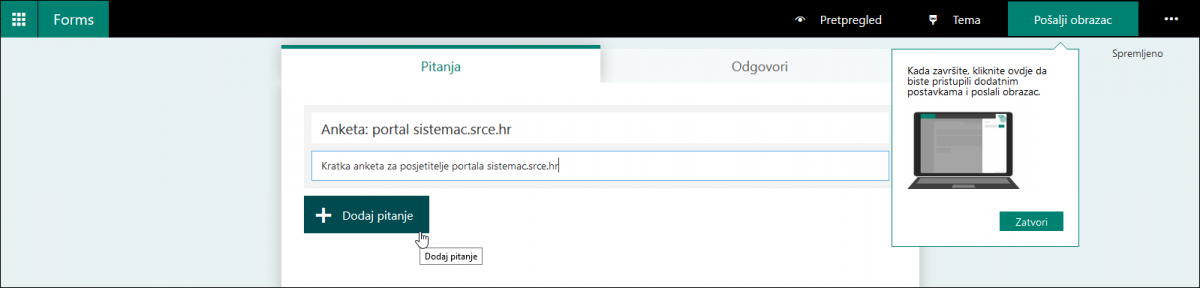 Definiranje naziva i opisa novog obrasca u aplikaciji Forms