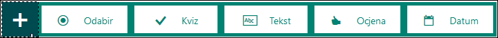 Izbornik s vrstama pitanja koja je moguće dodati u obrazac