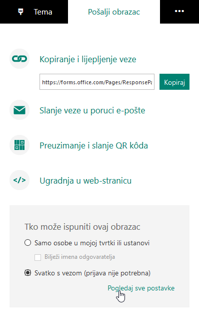 Postavke dijeljenja i ograničenja pristupa za Office 365 Forms obrazac