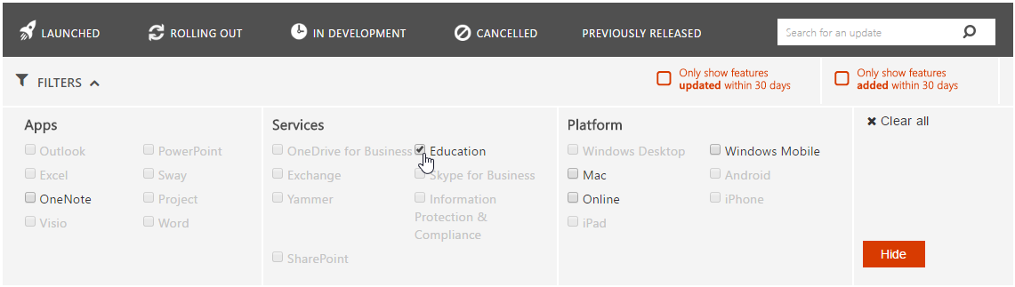 Sučelje za filtriranje Office 365 Roadmap stranice