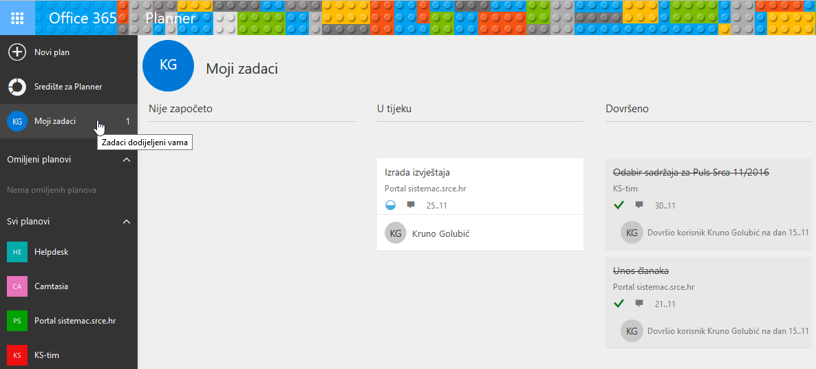 Prikaz osobnih zadataka u Planneru razvrstanih po statusu