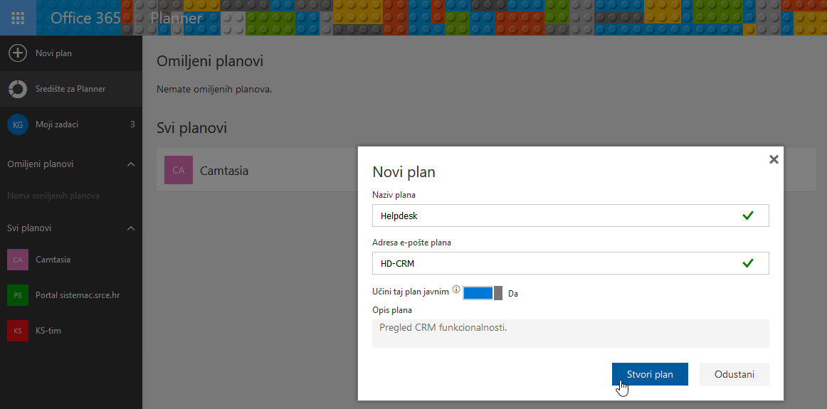 Dijaloški okvir za kreiranje novog plana s osnovnim postavkama
