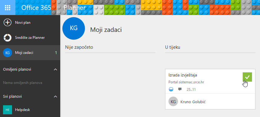 Označavanje završenog zadatka kvačicom u prikazu osobnih zadataka