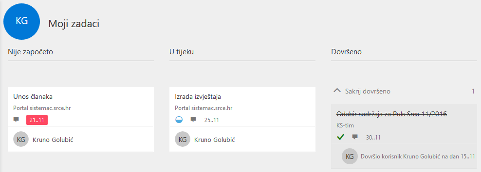 Vizualni prikaz statusa zadataka — crvena boja za prekoračen rok, zelena kvačica za završene