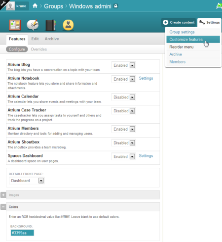 Open Atrium Dashboard prikaz s widgetima