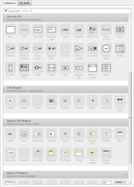 Pregled dostupnih grupa oblika u lijevom oknu Pencil sučelja