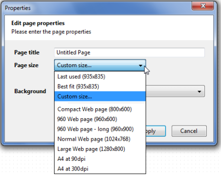 Dijaloški okvir Properties za podešavanje dimenzija radne površine