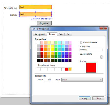Svojstva odabranog elementa s prikazom pozicije, dimenzija i kuta rotacije