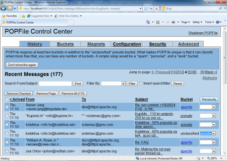 POPFile web sučelje za administraciju