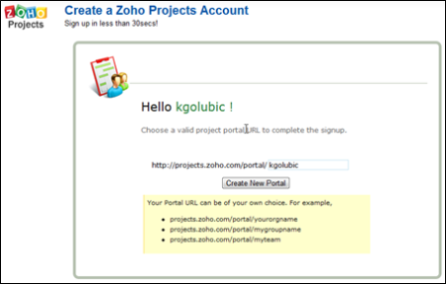 Ekran za izradu portala pri prvom pokretanju Zoho Projects usluge