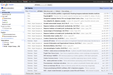 Google Reader sučelje s listom praćenih RSS izvora