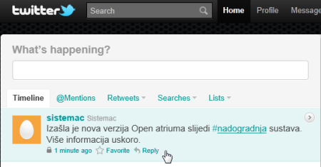 Primjer Twitter profila koji objavljuje automatske obavijesti o stanju servisa