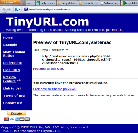 Primjer TinyURL sučelja za kreiranje vlastitih kratkih URL-ova
