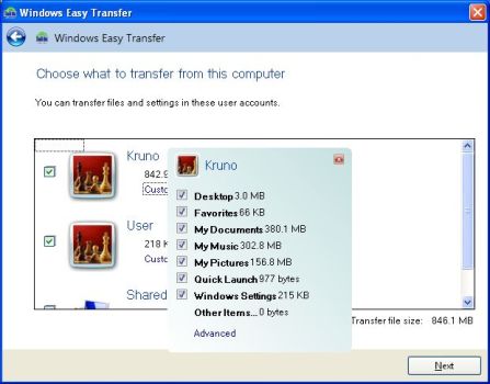 Odabir korisničkih računa i podataka koji će biti prebačeni na novo računalo