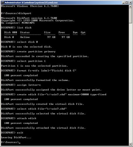 Odabir virtualnog diska kao odredišta za instalaciju Windows 7 OS-a