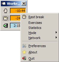 Workrave — kontekstni izbornik s opcijama programa